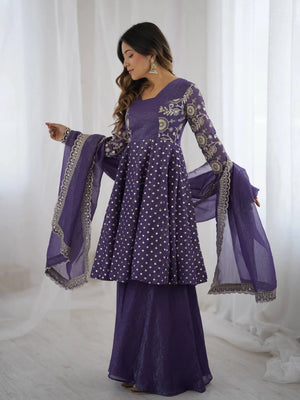 Designer Crunchy Silk Embroidered Sharara Suit Set