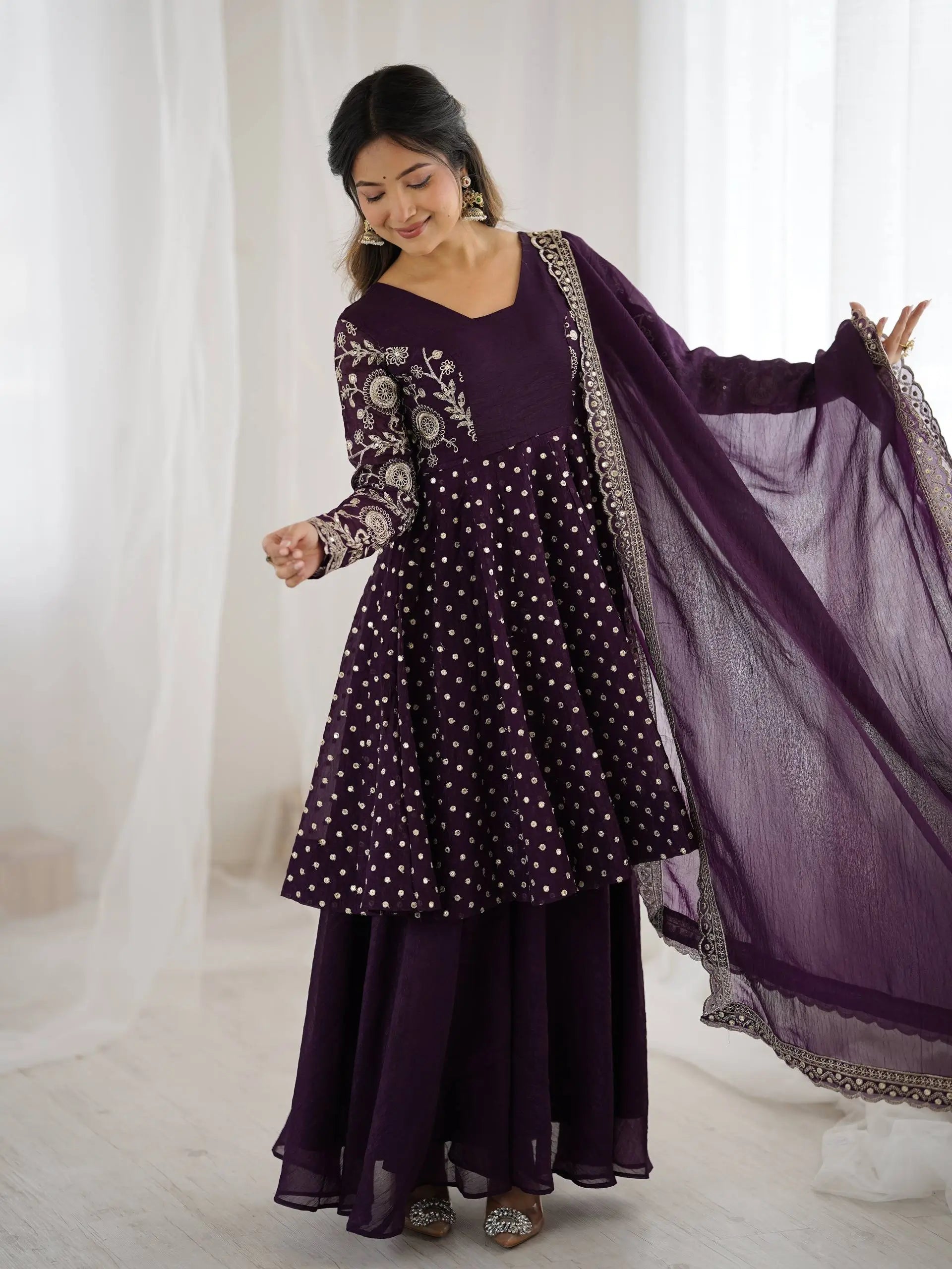 Designer Crunchy Silk Embroidered Sharara Suit Set