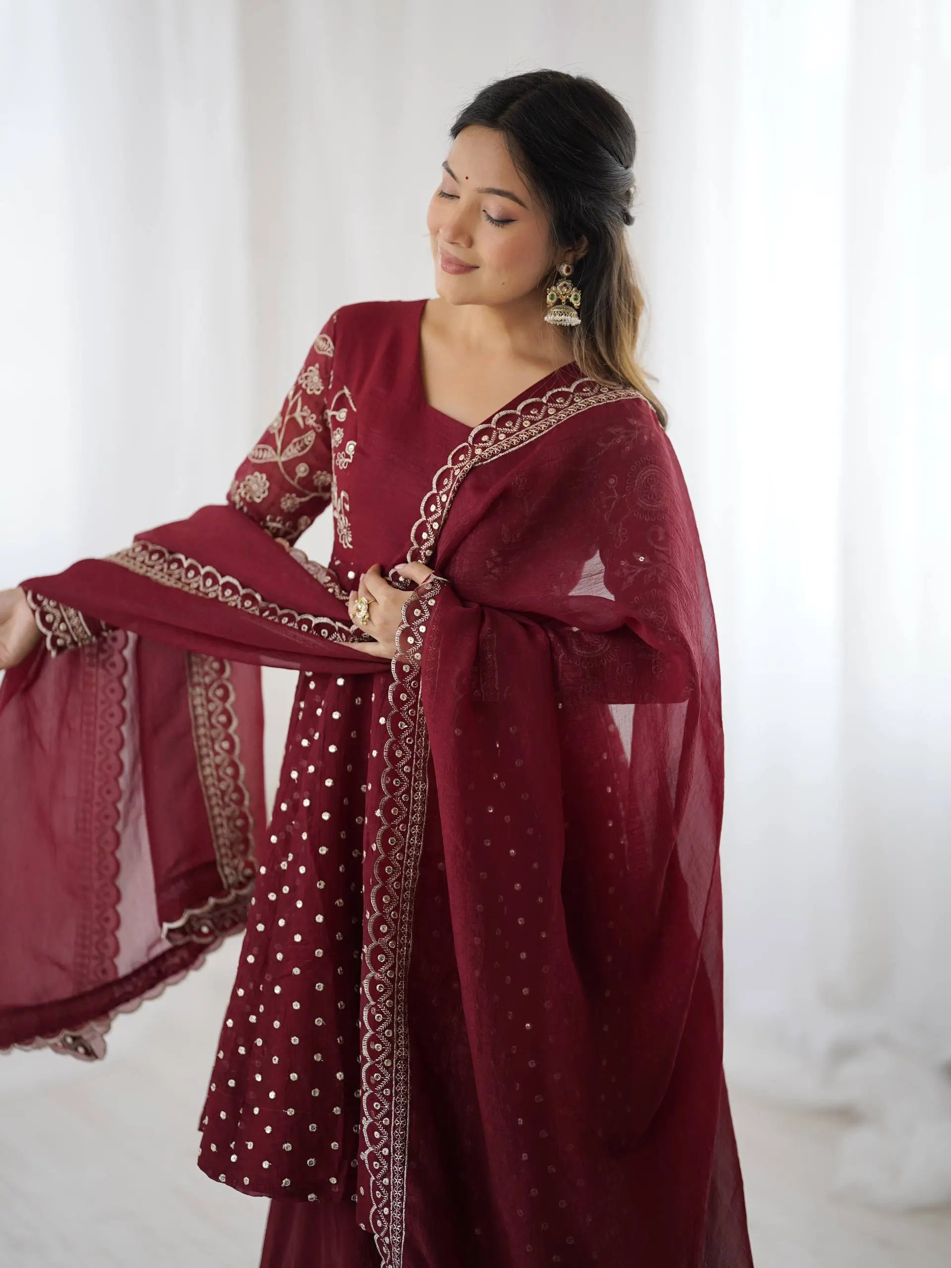 Designer Crunchy Silk Embroidered Sharara Suit Set