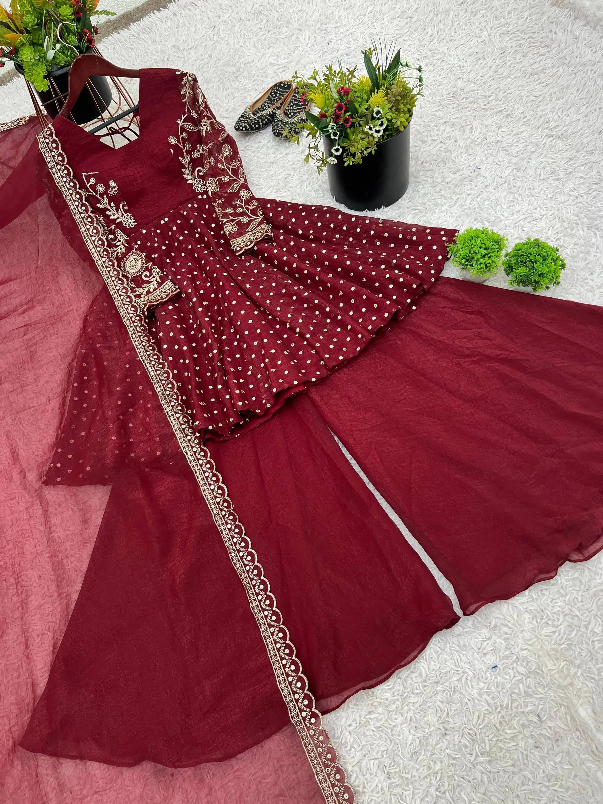 Designer Crunchy Silk Embroidered Sharara Suit Set