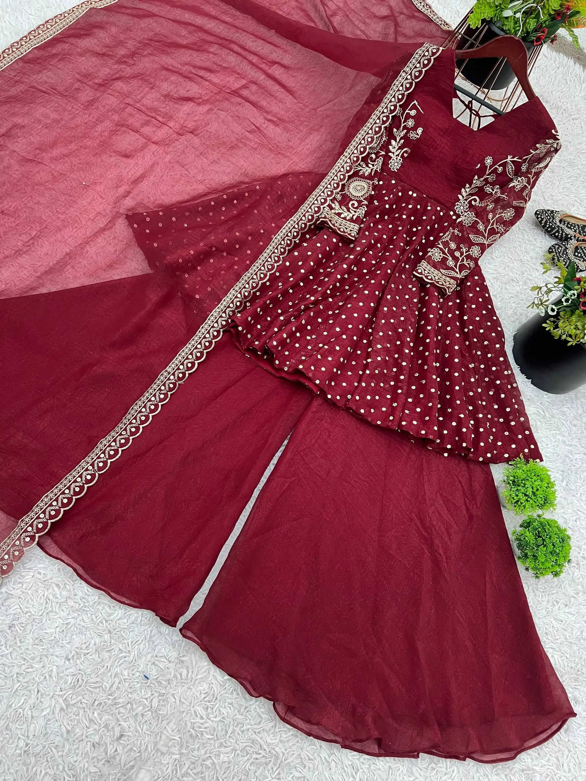 Designer Crunchy Silk Embroidered Sharara Suit Set