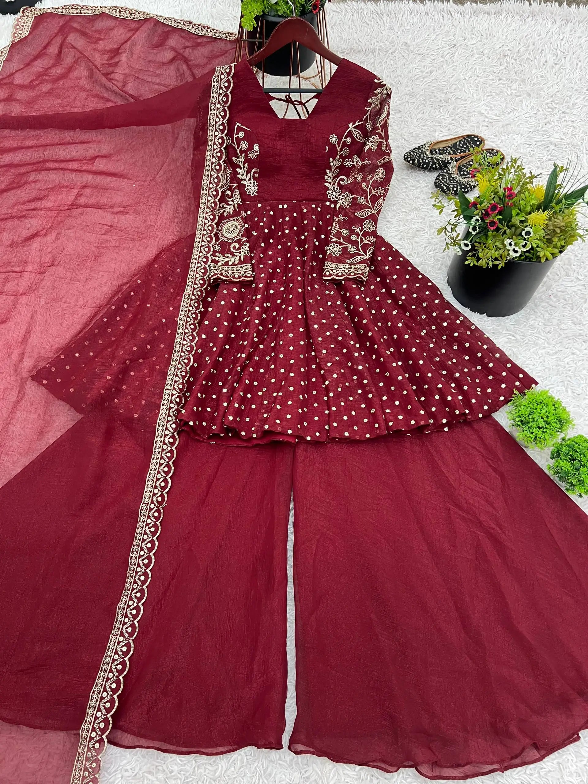 Designer Crunchy Silk Embroidered Sharara Suit Set