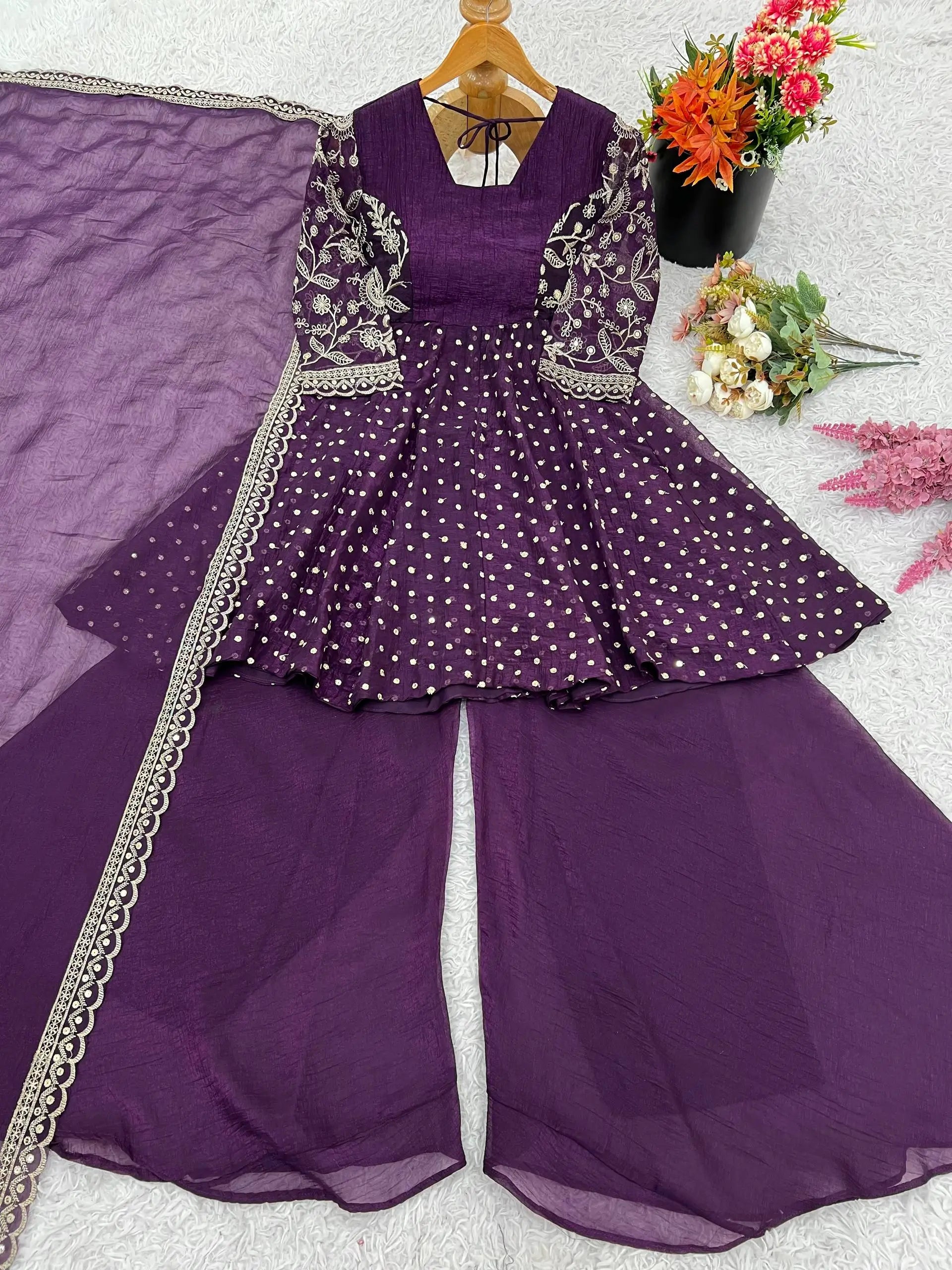 Designer Crunchy Silk Embroidered Sharara Suit Set
