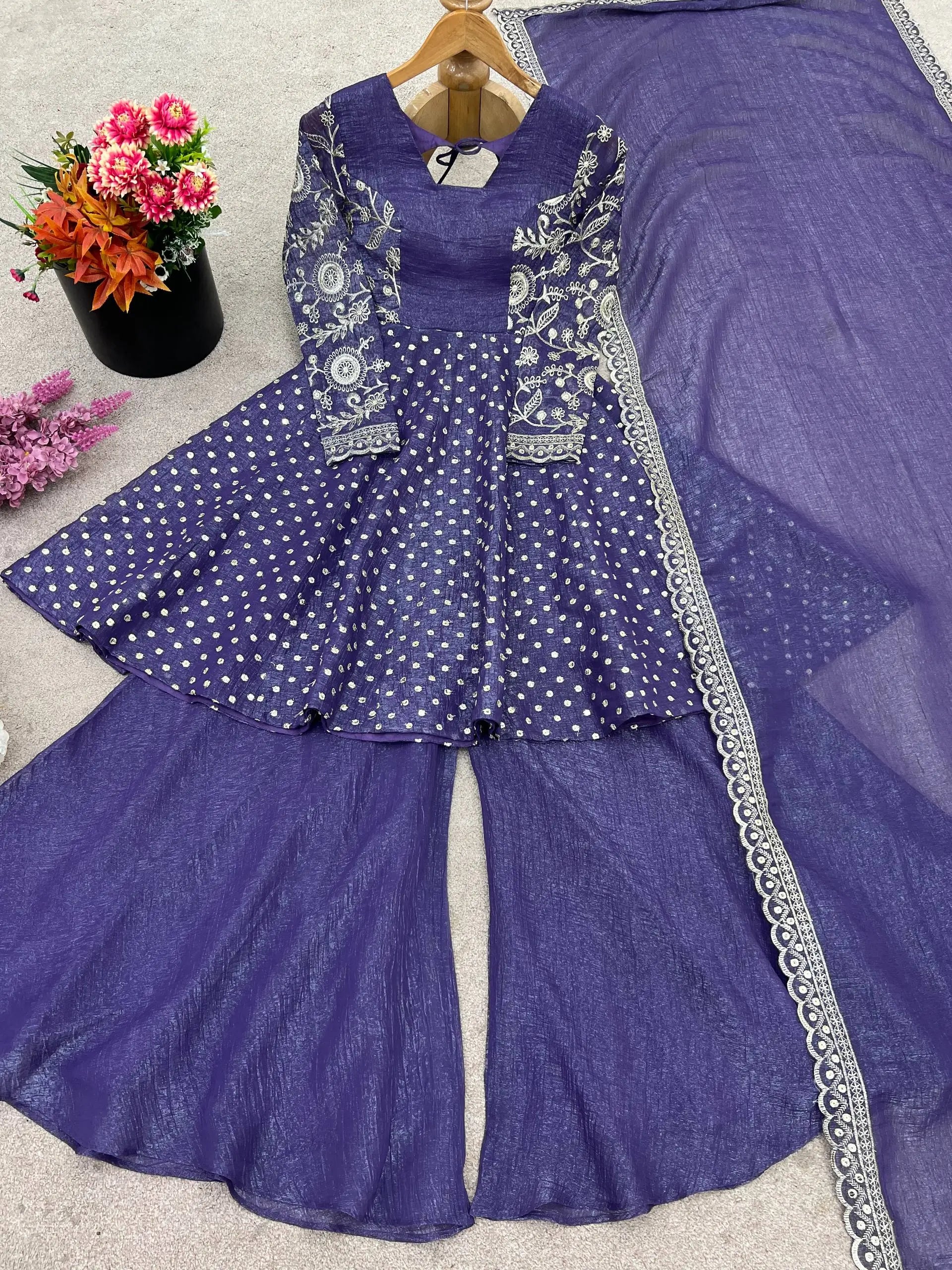 Designer Crunchy Silk Embroidered Sharara Suit Set
