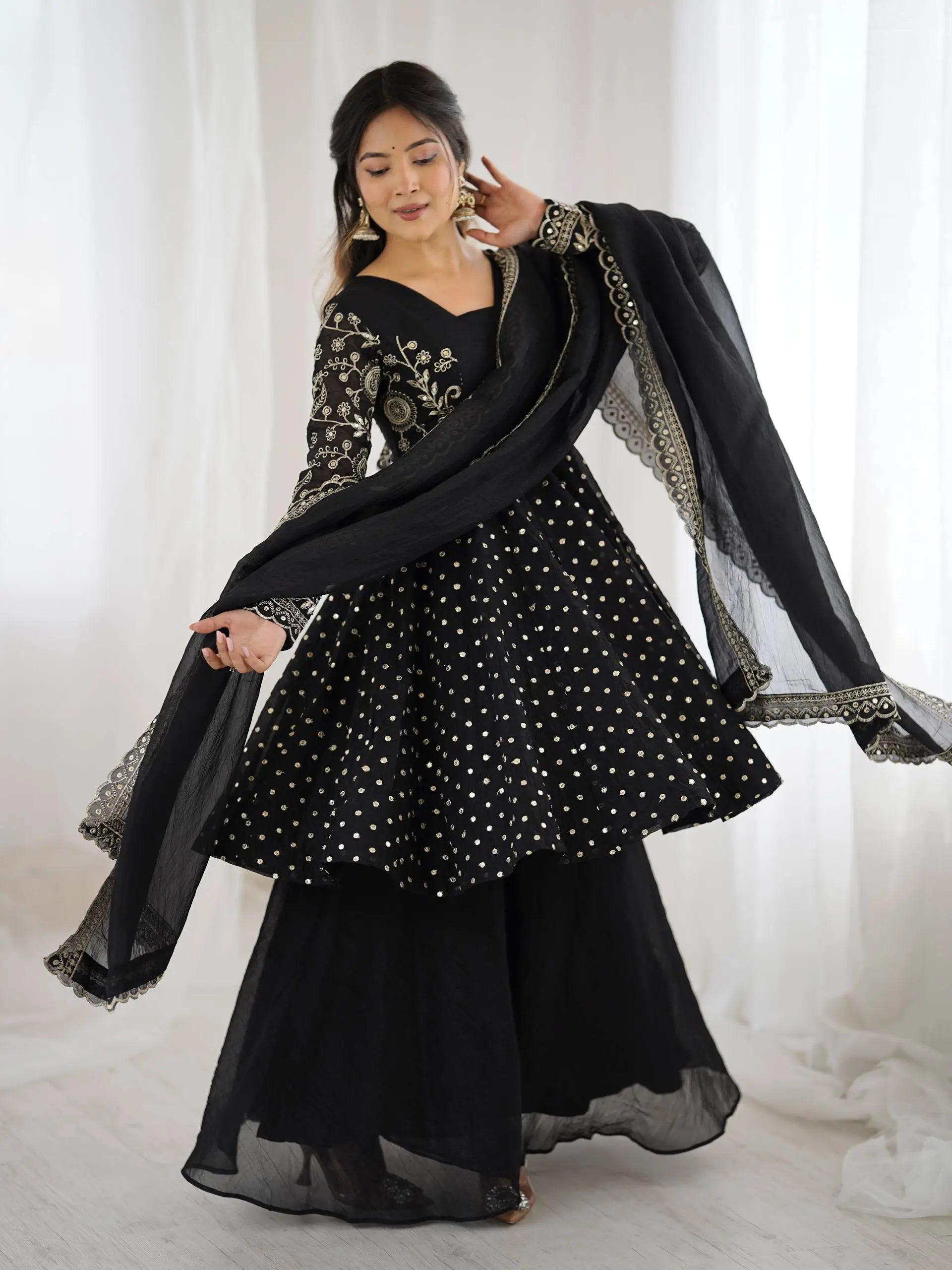 Designer Crunchy Silk Embroidered Sharara Suit Set