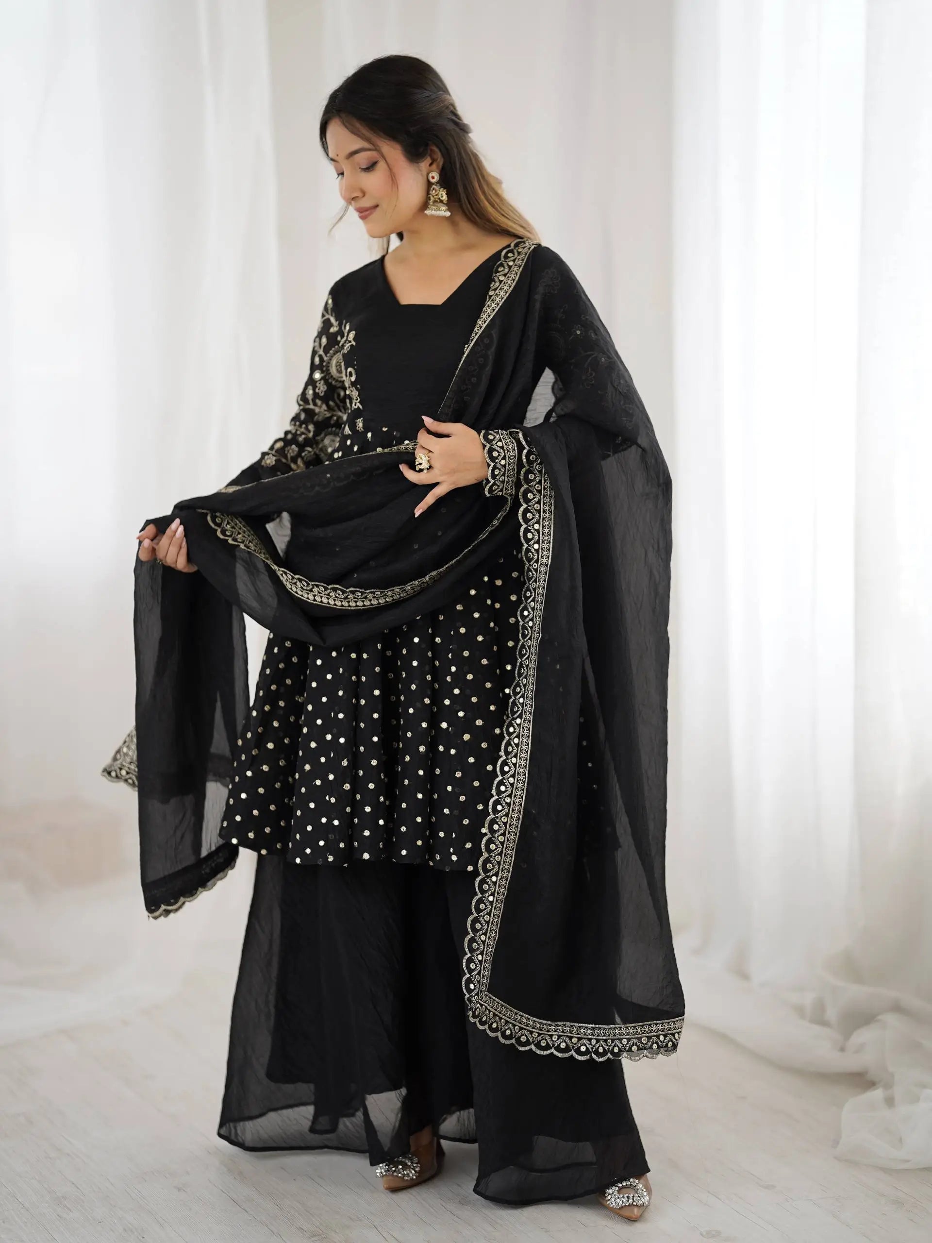 Designer Crunchy Silk Embroidered Sharara Suit Set