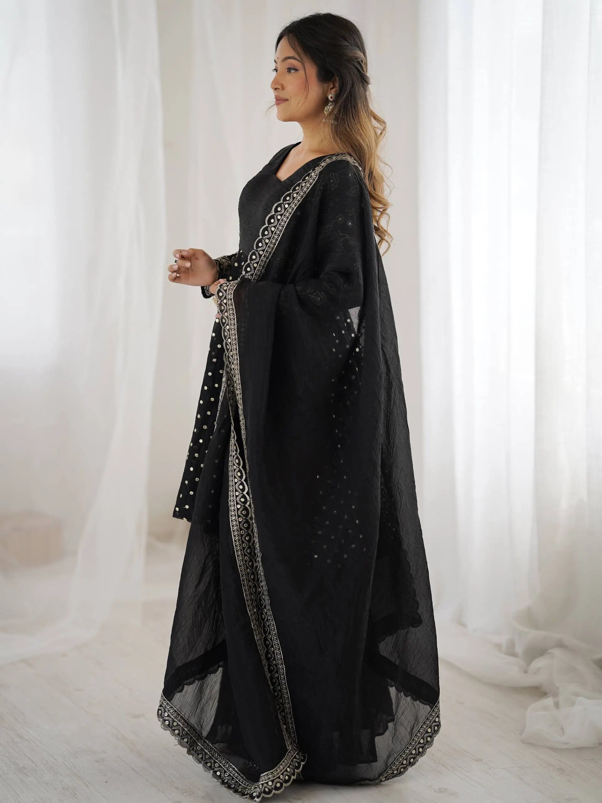 Designer Crunchy Silk Embroidered Sharara Suit Set