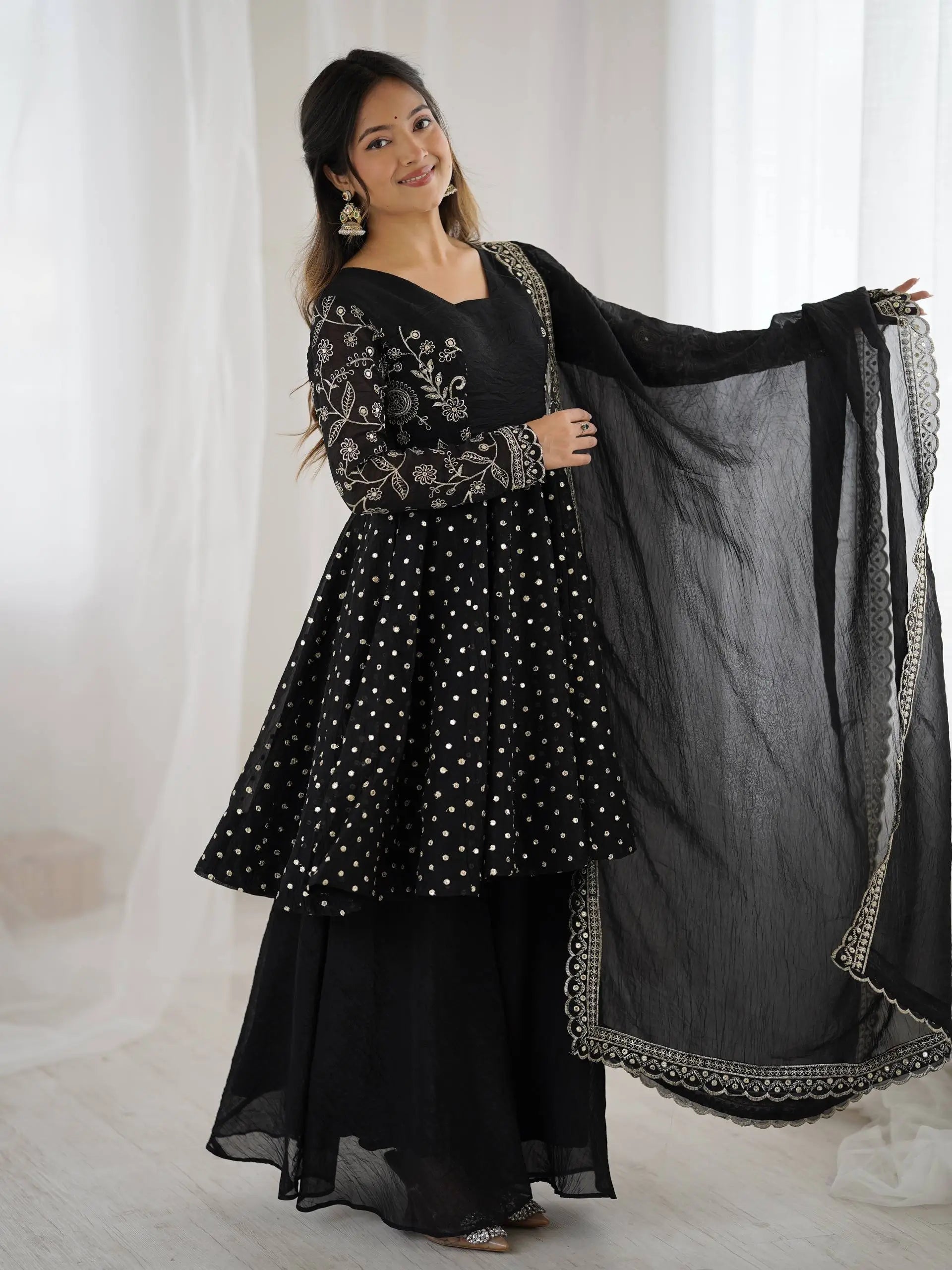 Designer Crunchy Silk Embroidered Sharara Suit Set