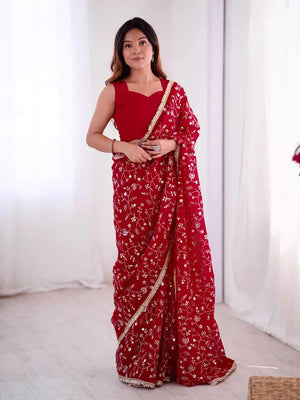 Designer Crunchy Silk Saree with Embroidery and Sequins