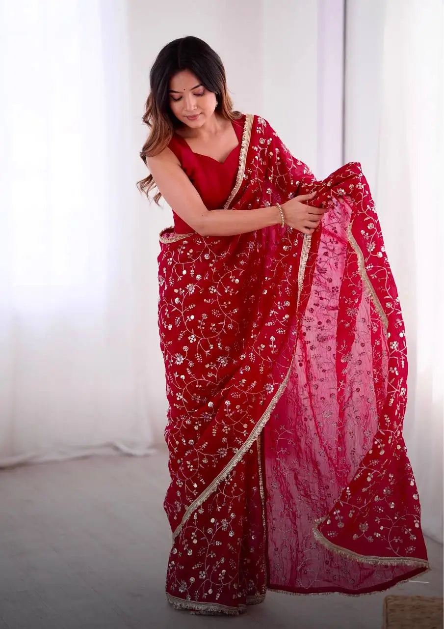 Designer Crunchy Silk Saree with Embroidery and Sequins