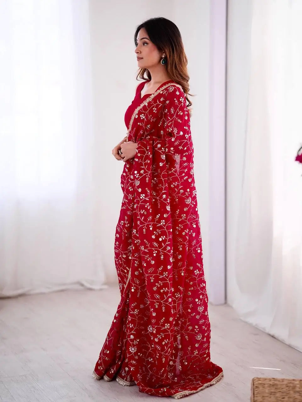 Designer Crunchy Silk Saree with Embroidery and Sequins