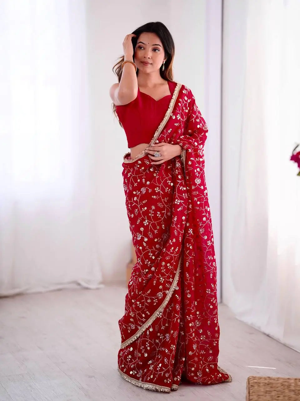 Designer Crunchy Silk Saree with Embroidery and Sequins