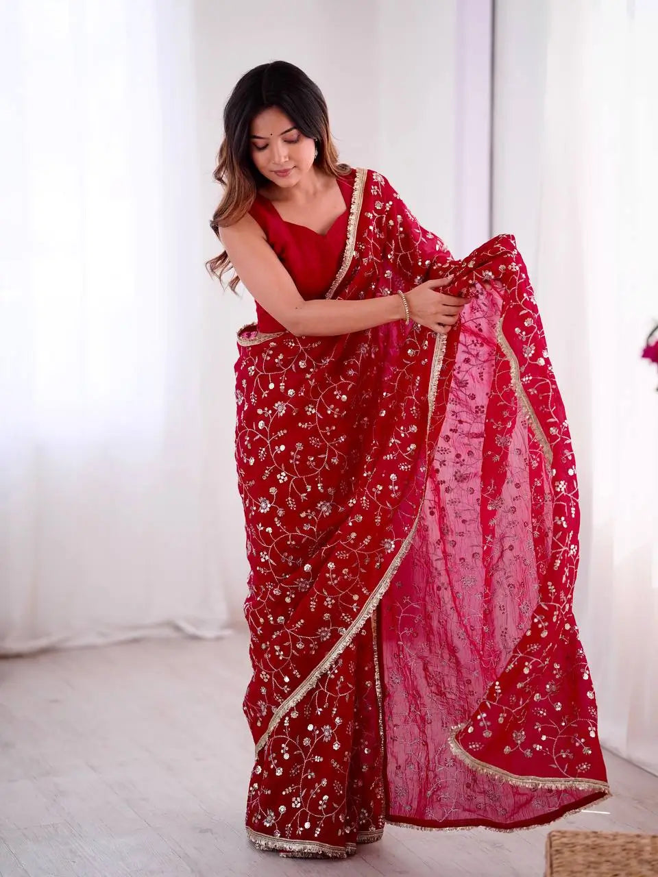 Designer Crunchy Silk Saree with Embroidery and Sequins