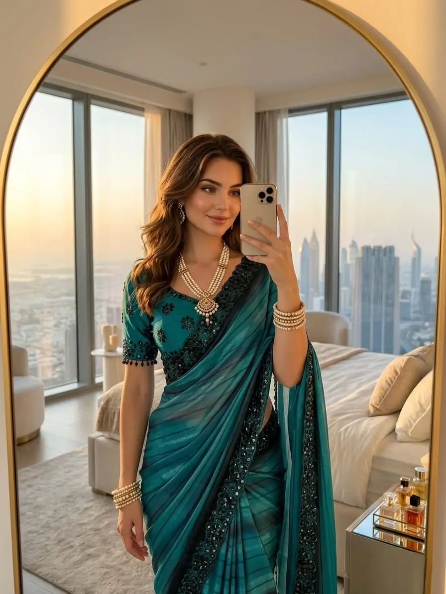 Designer Embroidered Chiffon Silk Saree with Stitched Blouse for Festive and Party Wear