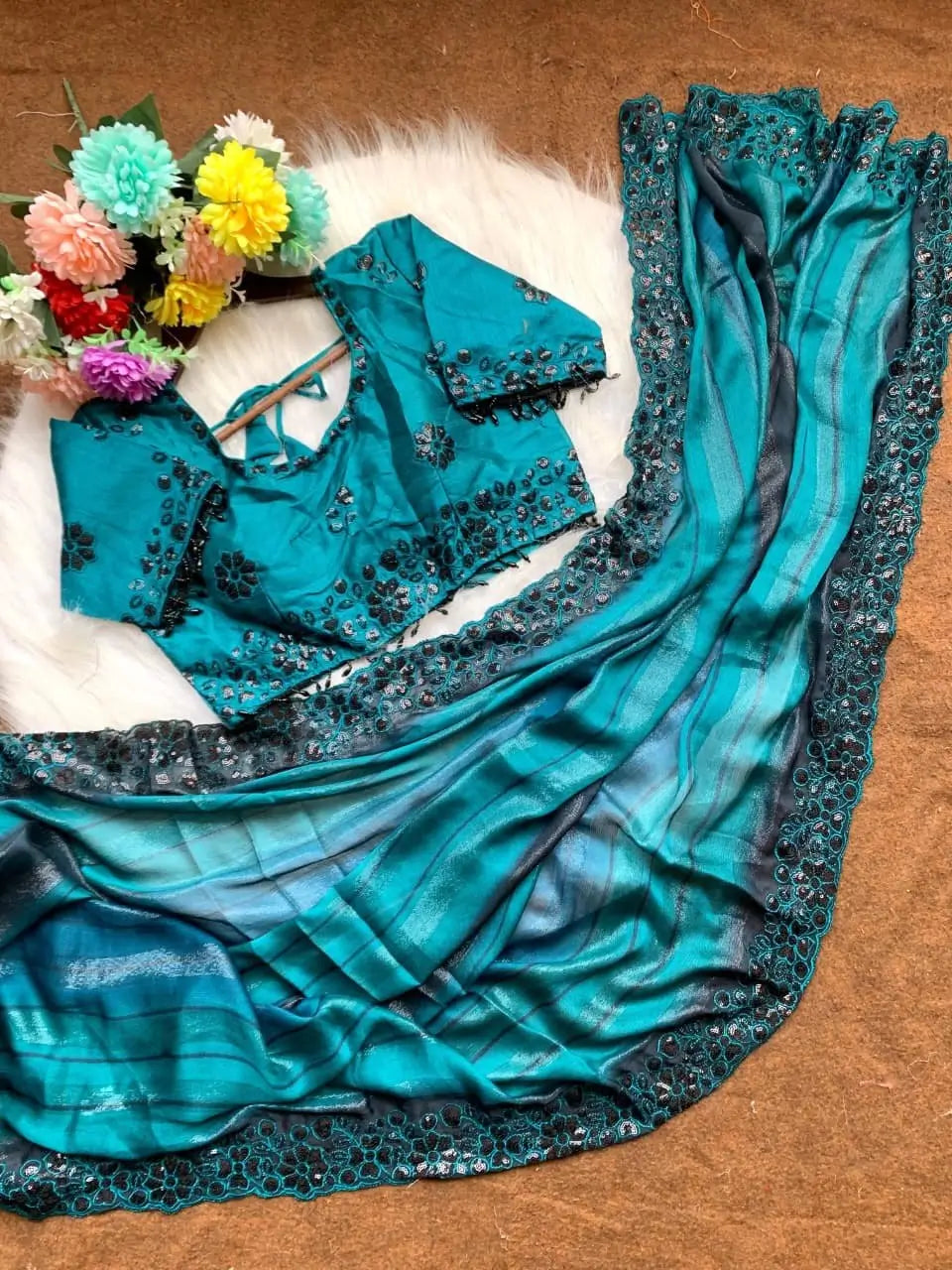 Designer Embroidered Chiffon Silk Saree with Stitched Blouse for Festive and Party Wear
