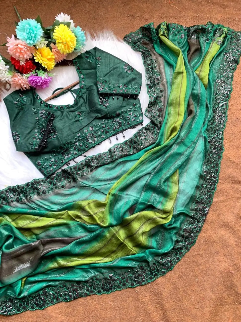Designer Embroidered Chiffon Silk Saree with Stitched Blouse for Festive and Party Wear