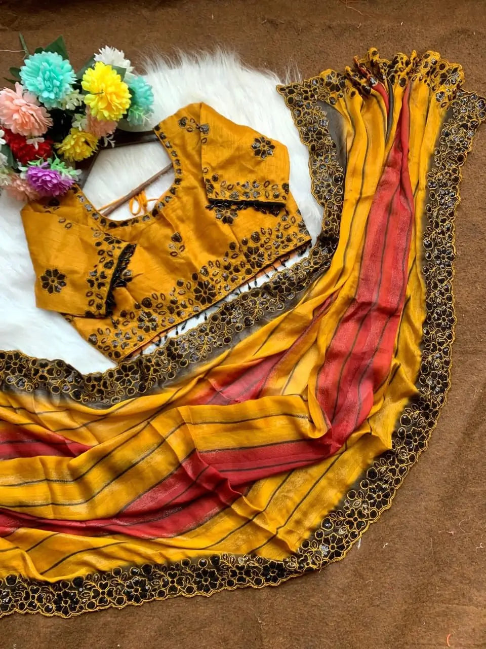 Designer Embroidered Chiffon Silk Saree with Stitched Blouse for Festive and Party Wear