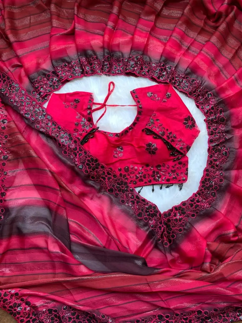 Designer Embroidered Chiffon Silk Saree with Stitched Blouse for Festive and Party Wear