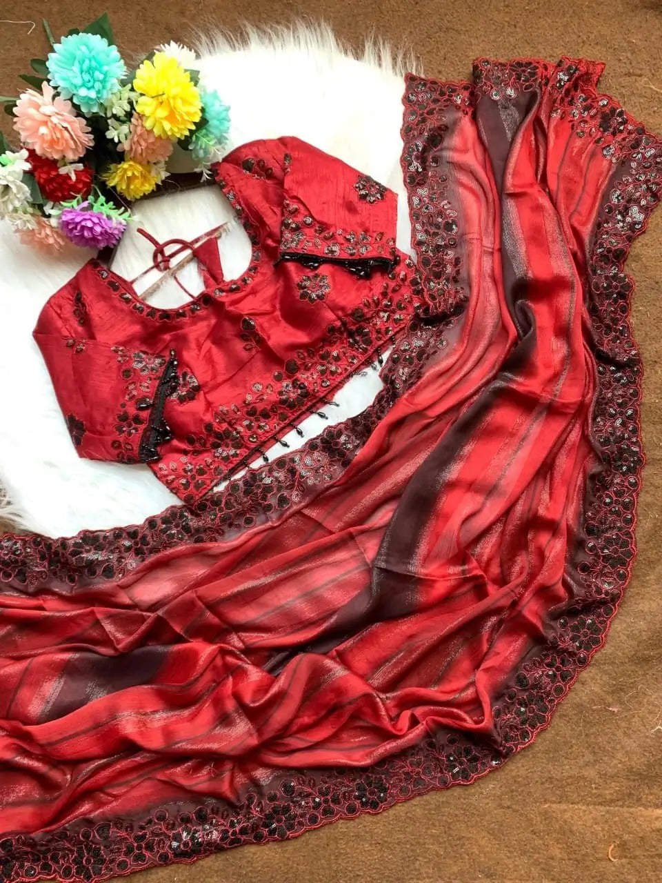 Designer Embroidered Chiffon Silk Saree with Stitched Blouse for Festive and Party Wear