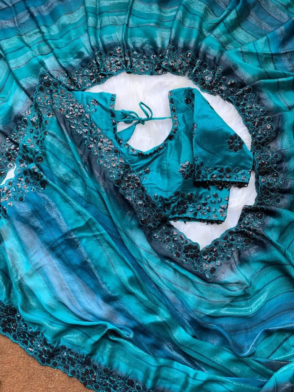 Designer Embroidered Chiffon Silk Saree with Stitched Blouse for Festive and Party Wear