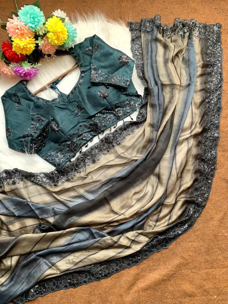 Designer Embroidered Chiffon Silk Saree with Stitched Blouse for Festive and Party Wear