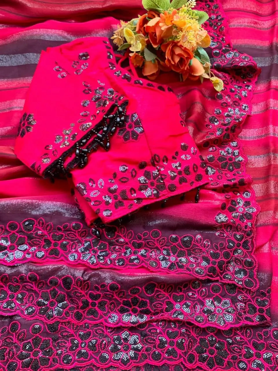 Designer Embroidered Chiffon Silk Saree with Stitched Blouse for Festive and Party Wear