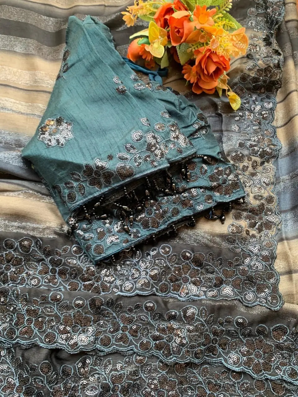 Designer Embroidered Chiffon Silk Saree with Stitched Blouse for Festive and Party Wear