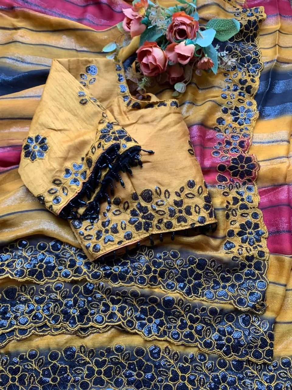 Designer Embroidered Chiffon Silk Saree with Stitched Blouse for Festive and Party Wear