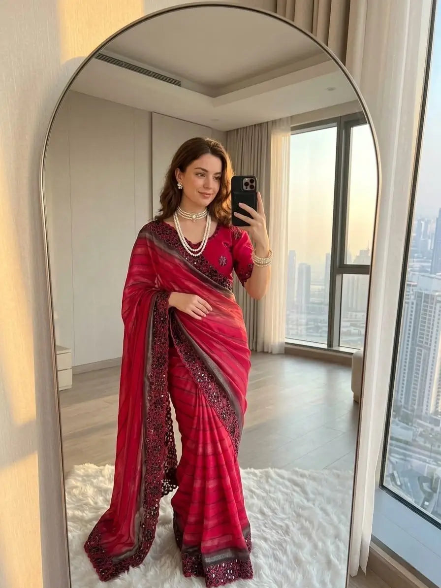 Designer Embroidered Chiffon Silk Saree with Stitched Blouse for Festive and Party Wear
