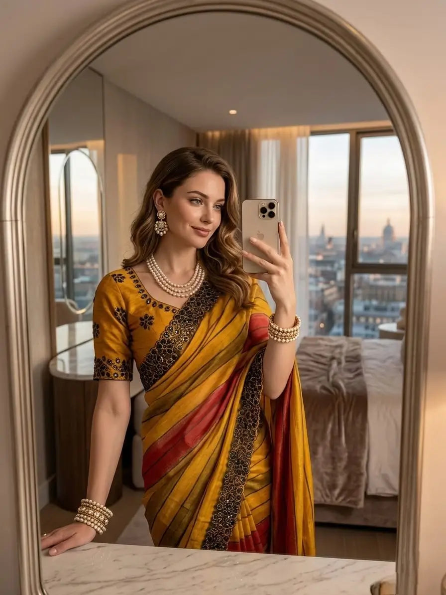 Designer Embroidered Chiffon Silk Saree with Stitched Blouse for Festive and Party Wear