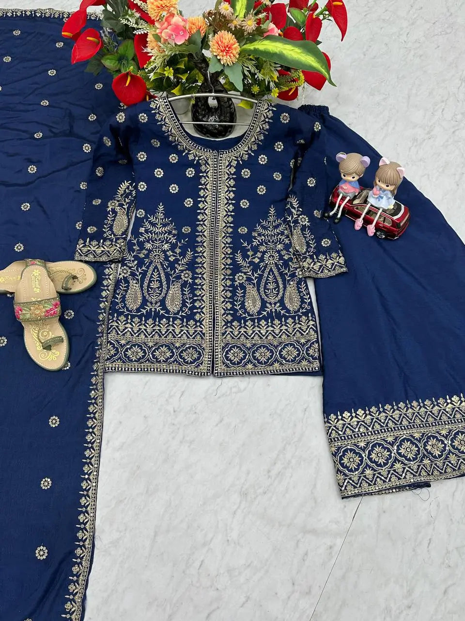 Designer Embroidered Chinon Top Palazzo and Dupatta Set