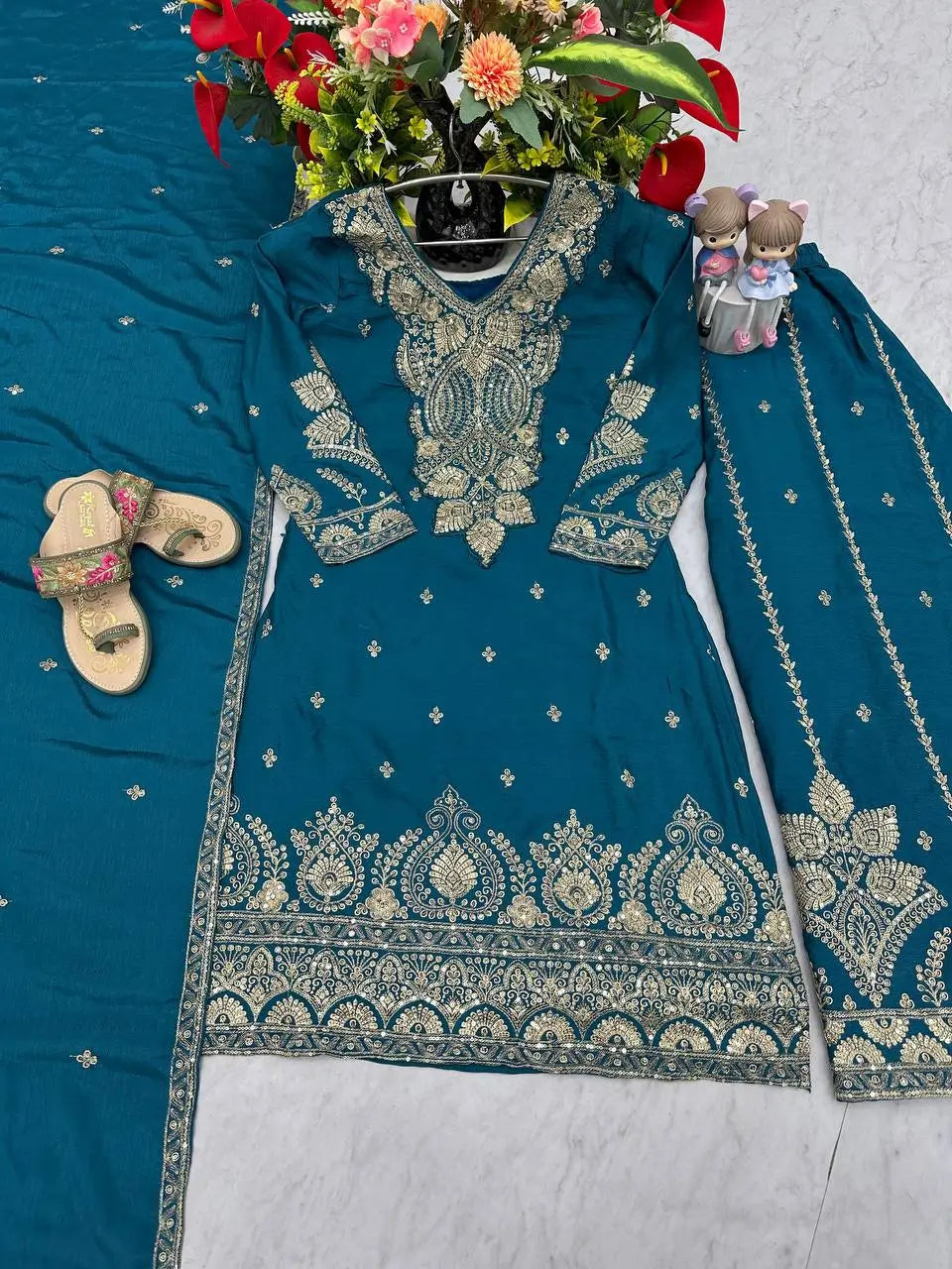 Designer Embroidered Chinon Top Palazzo and Dupatta Set