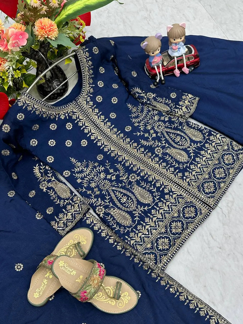 Designer Embroidered Chinon Top Palazzo and Dupatta Set