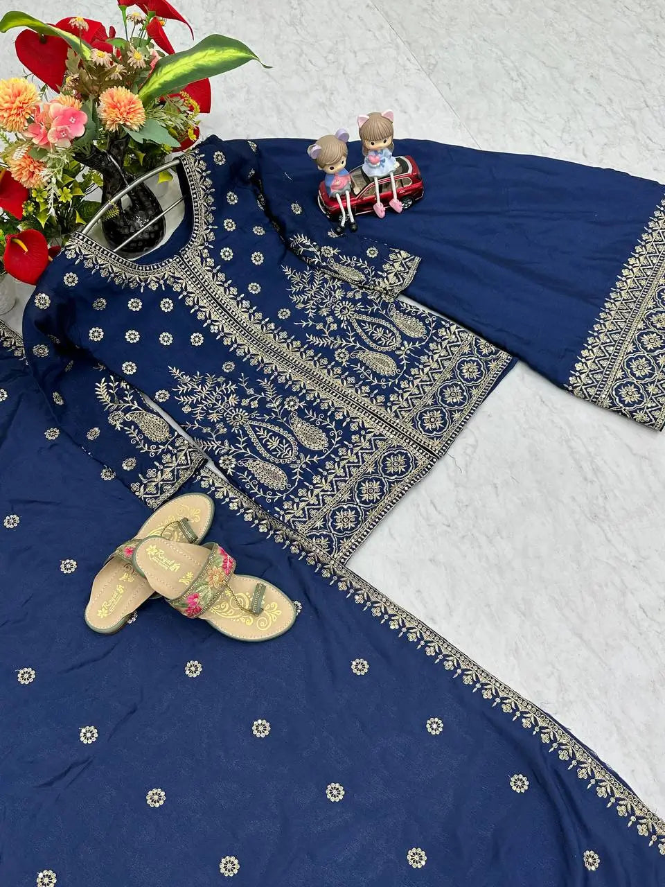 Designer Embroidered Chinon Top Palazzo and Dupatta Set