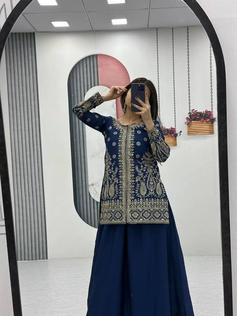 Designer Embroidered Chinon Top Palazzo and Dupatta Set