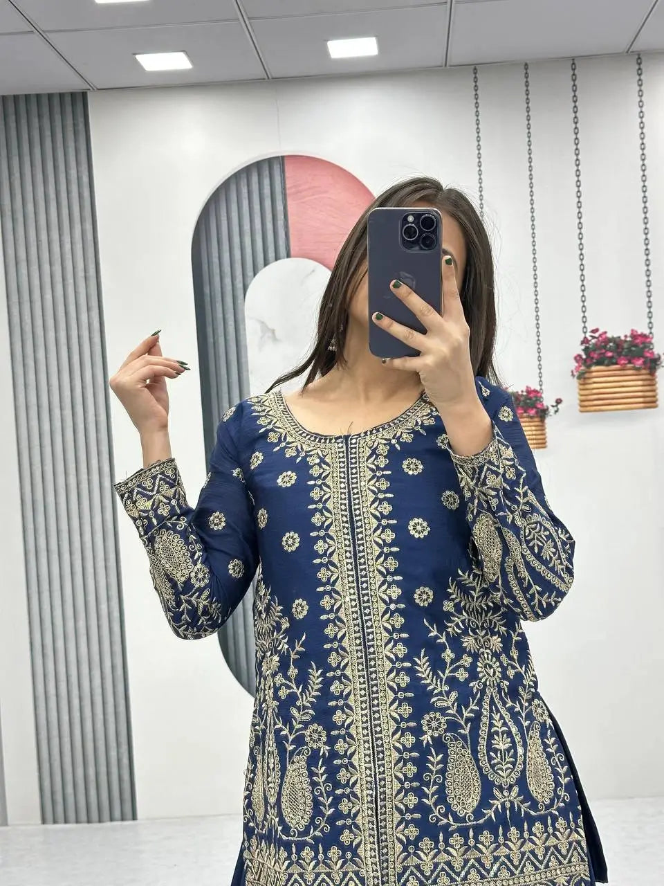 Designer Embroidered Chinon Top Palazzo and Dupatta Set