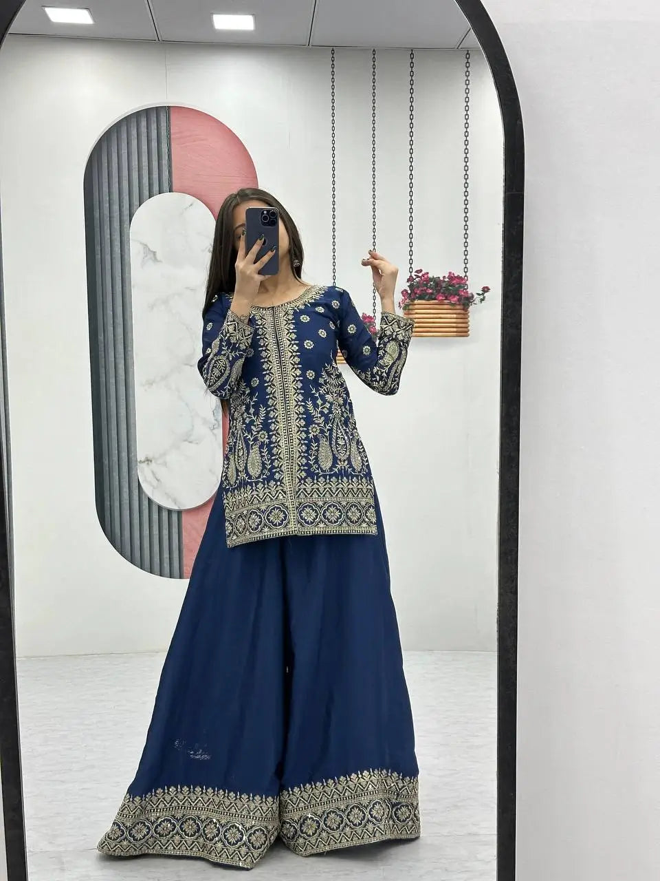 Designer Embroidered Chinon Top Palazzo and Dupatta Set