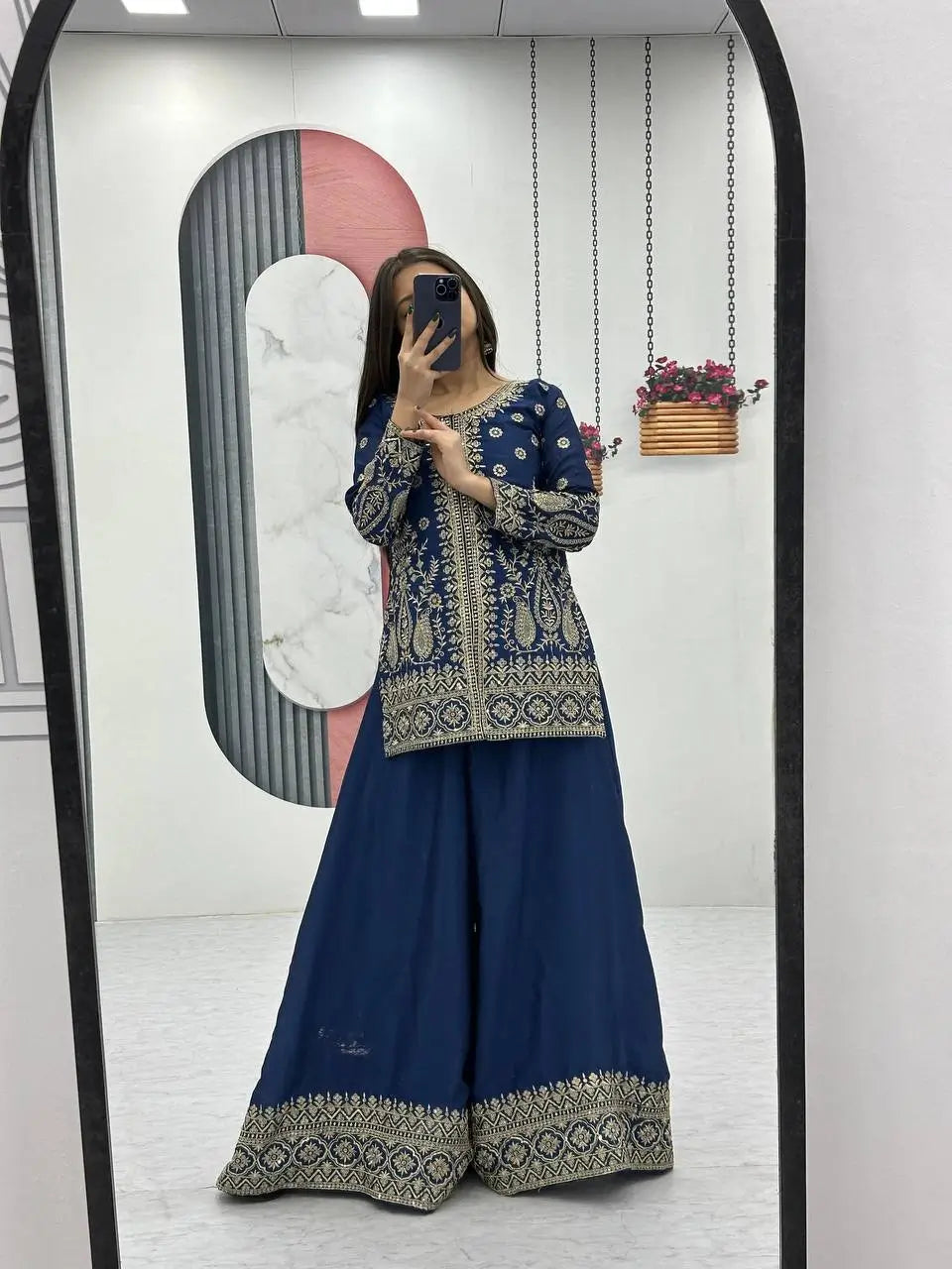 Designer Embroidered Chinon Top Palazzo and Dupatta Set