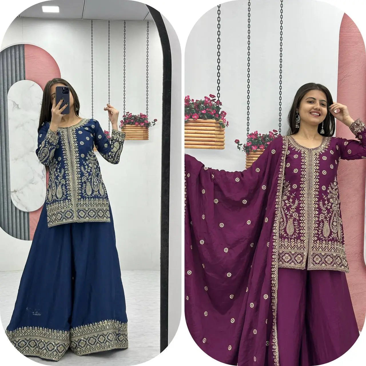 Designer Embroidered Chinon Top Palazzo and Dupatta Set