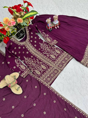 Designer Embroidered Chinon Top Palazzo and Dupatta Set