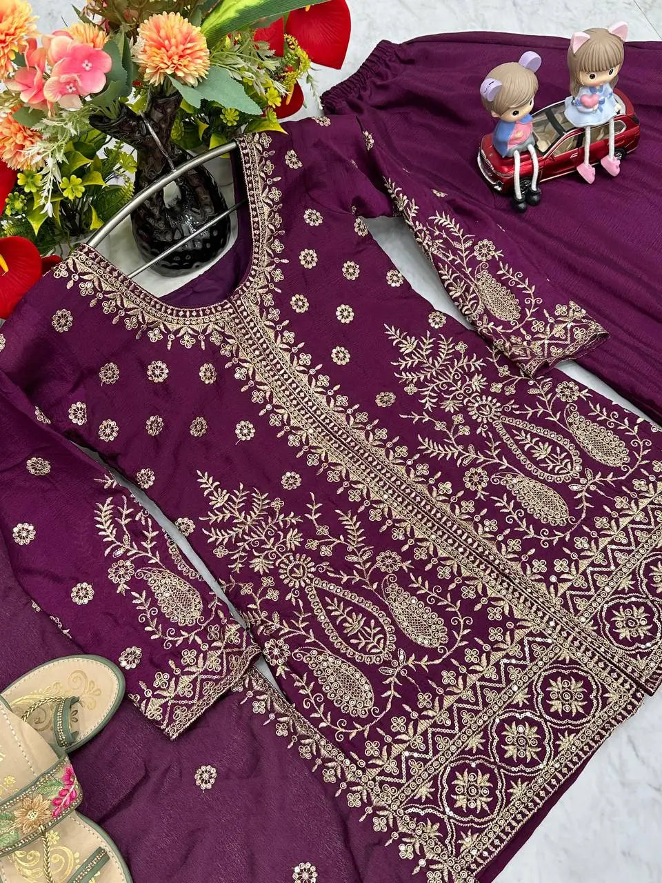 Designer Embroidered Chinon Top Palazzo and Dupatta Set