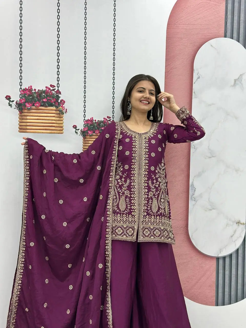 Designer Embroidered Chinon Top Palazzo and Dupatta Set