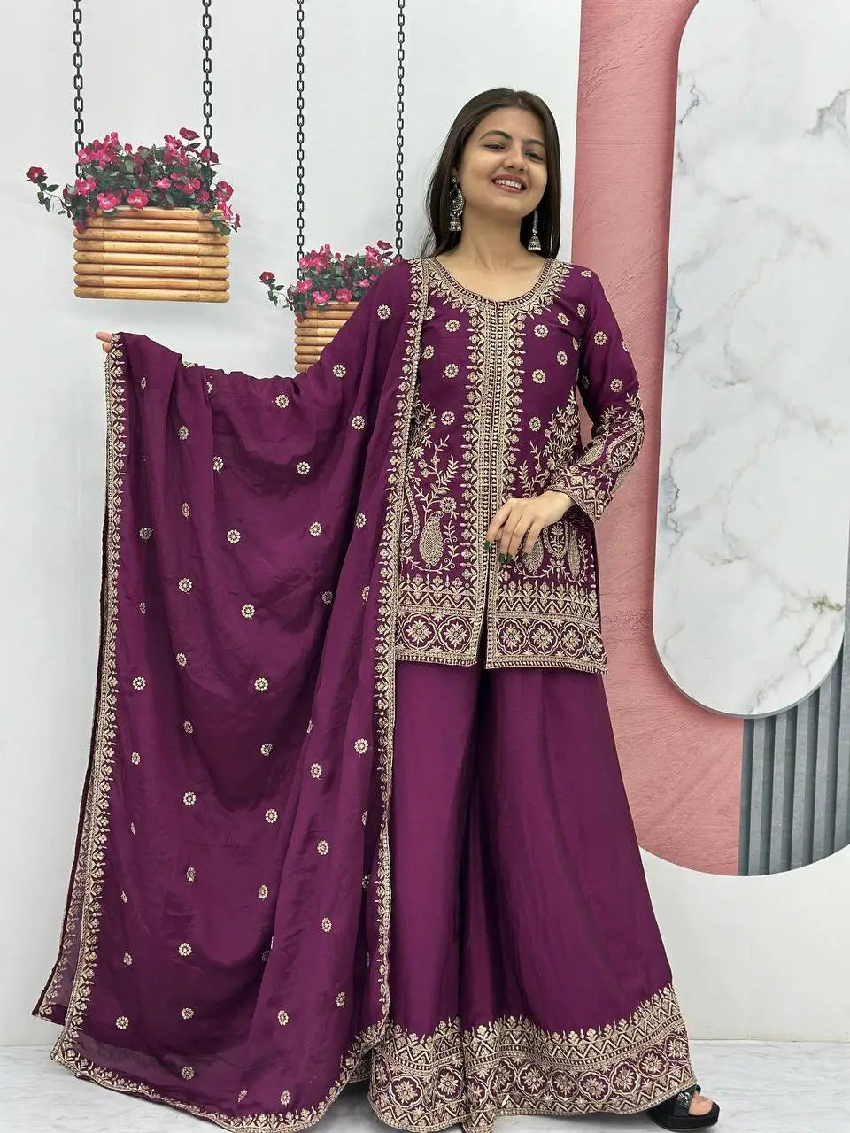 Designer Embroidered Chinon Top Palazzo and Dupatta Set