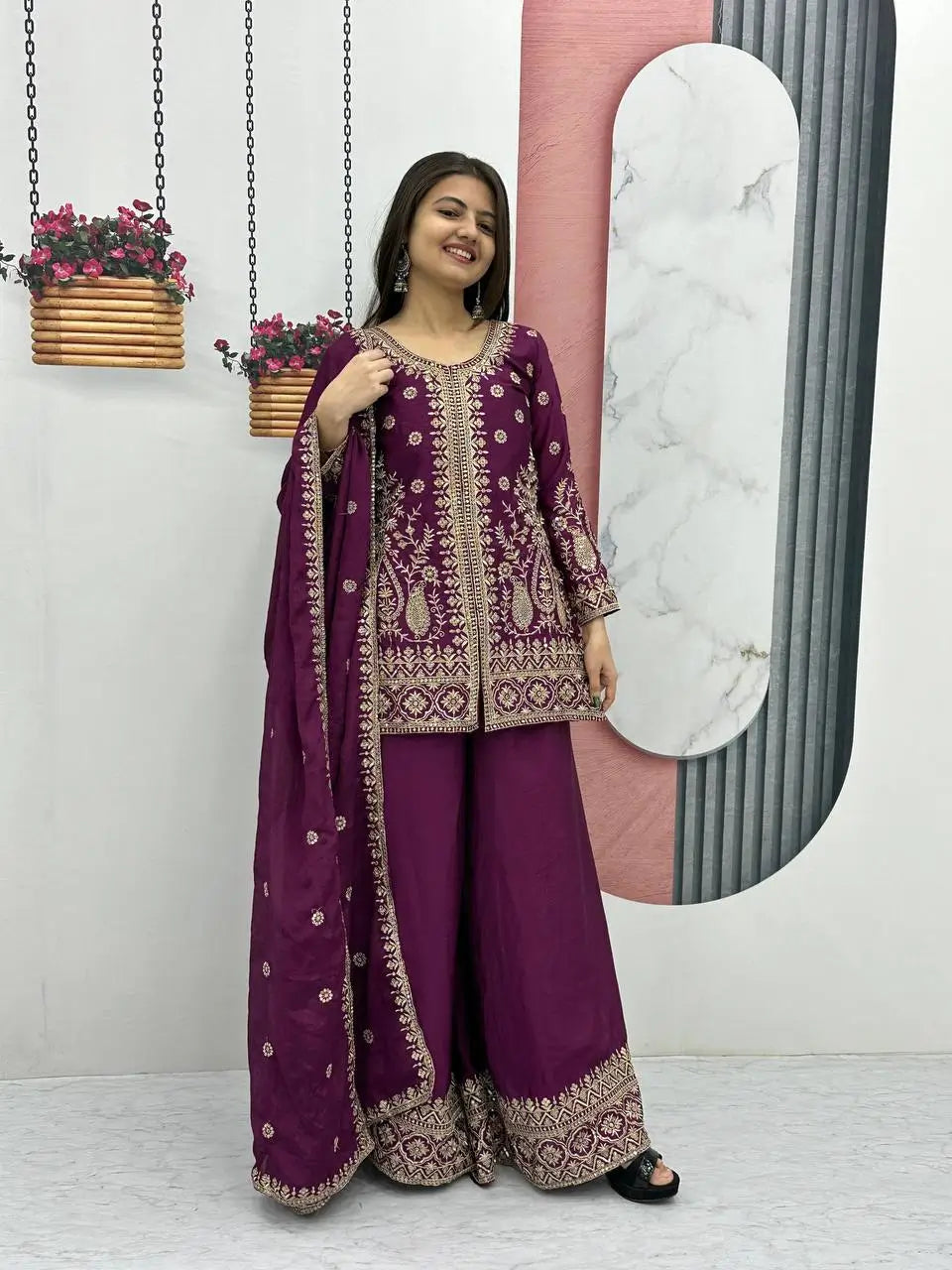 Designer Embroidered Chinon Top Palazzo and Dupatta Set