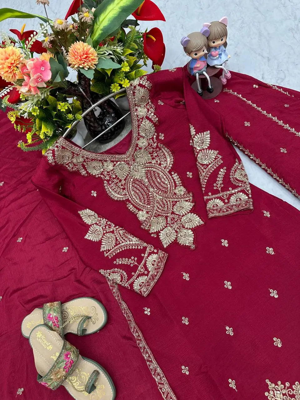 Designer Embroidered Chinon Top Palazzo and Dupatta Set