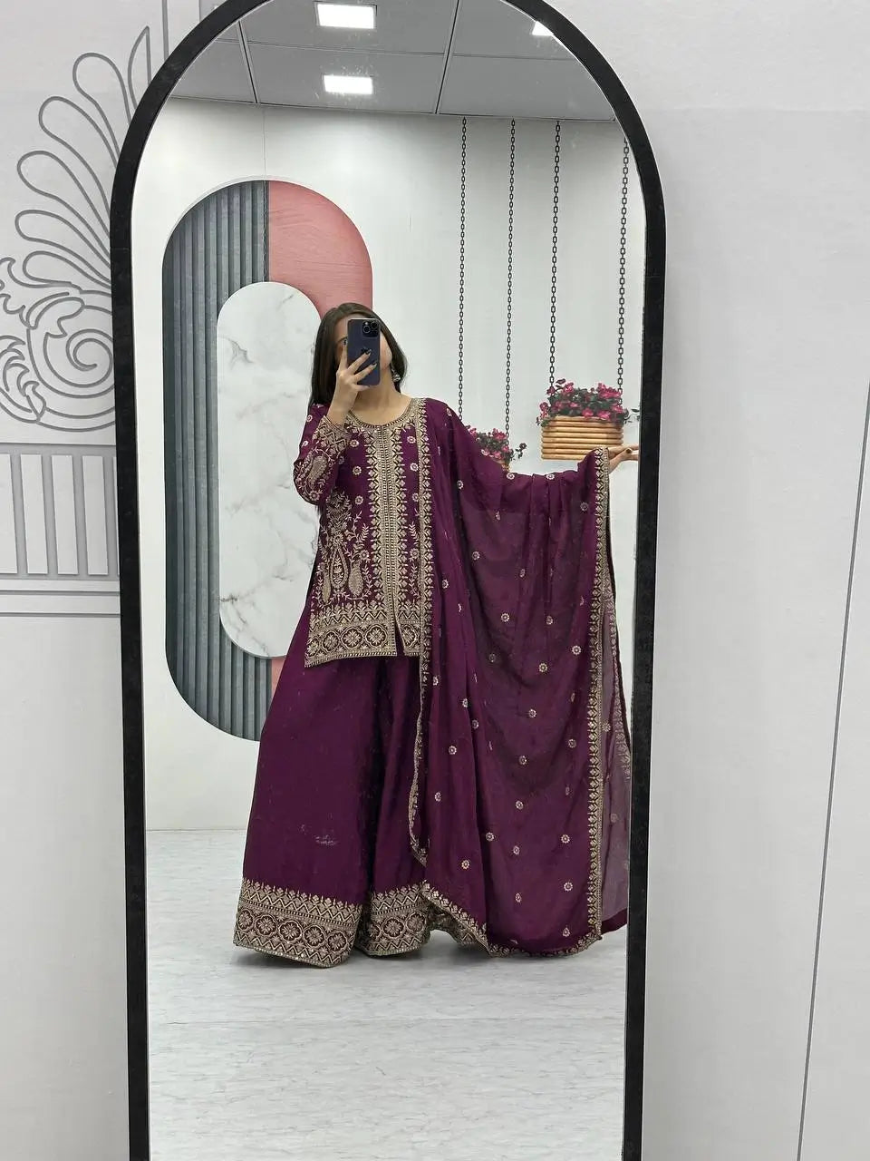 Designer Embroidered Chinon Top Palazzo and Dupatta Set