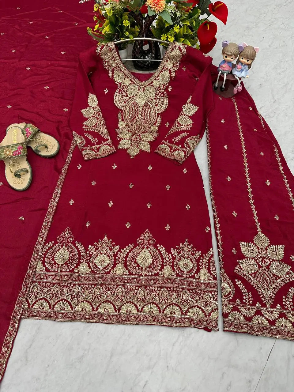Designer Embroidered Chinon Top Palazzo and Dupatta Set