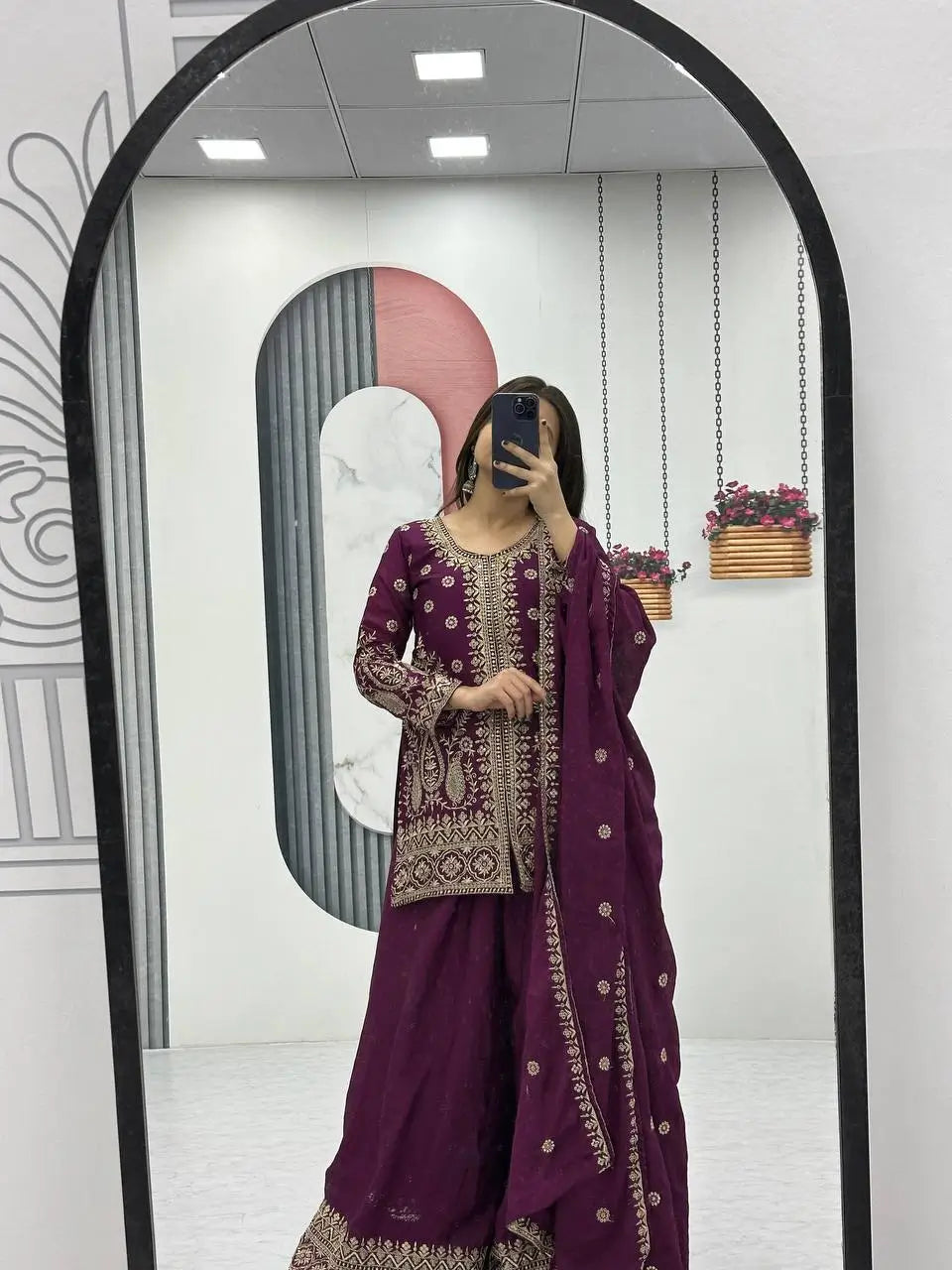 Designer Embroidered Chinon Top Palazzo and Dupatta Set