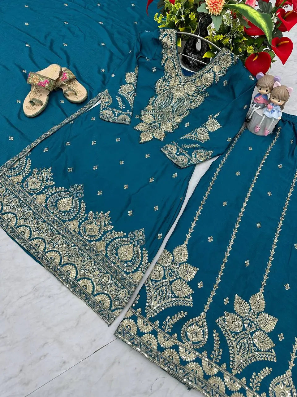 Designer Embroidered Chinon Top Palazzo and Dupatta Set