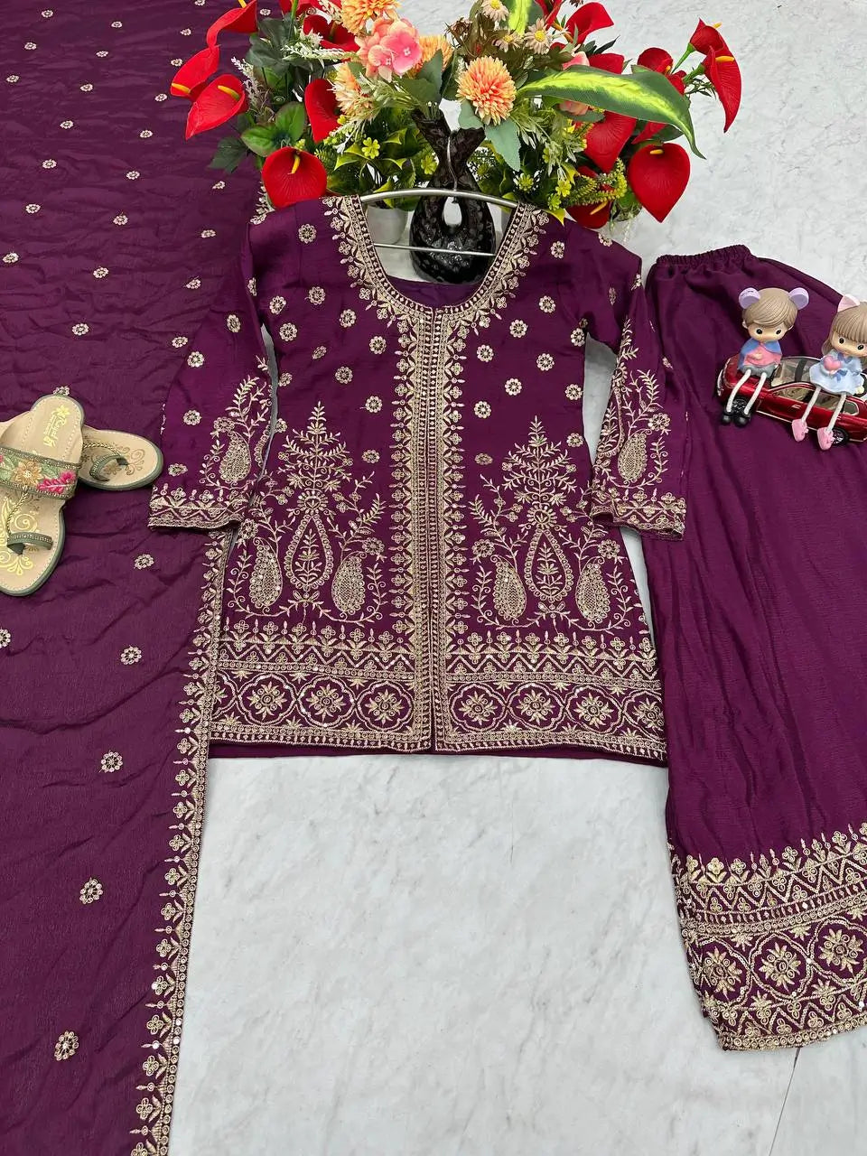 Designer Embroidered Chinon Top Palazzo and Dupatta Set